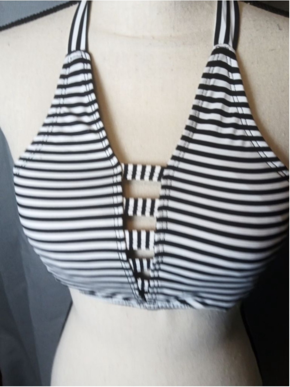 Women's Bikini Top Black White Stripe Halter Medium - Picture 2 of 4